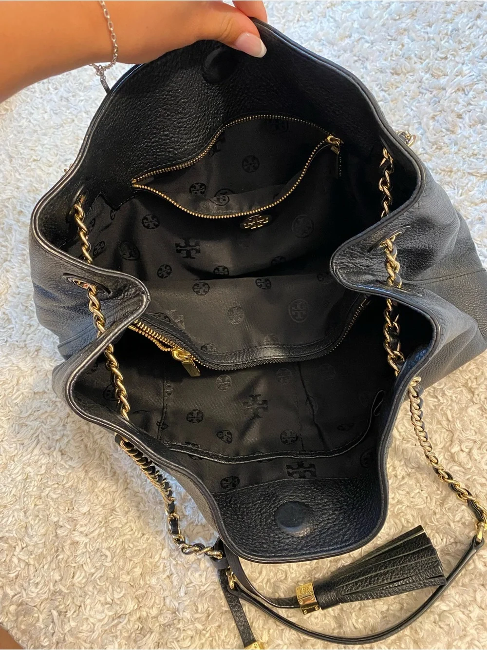Tory Burch Black Pebbled Leather Tote with Chain-Strap and Tassels